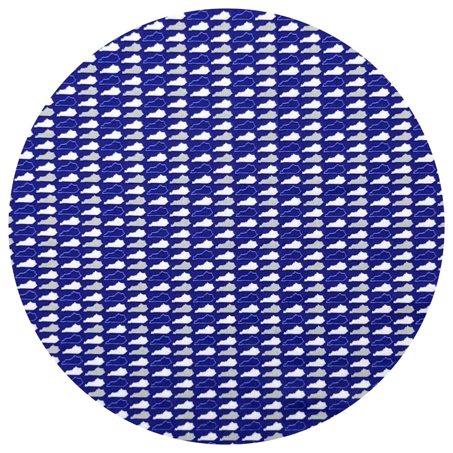 Round blue and white patterned fabric swatch