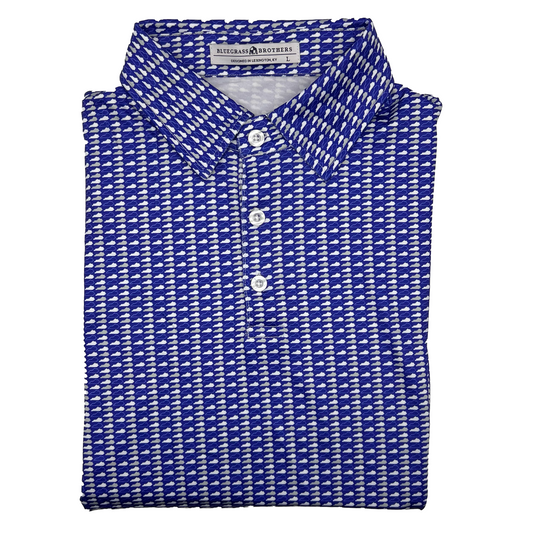 Folded blue and white patterned shirt with a brand label on a white background